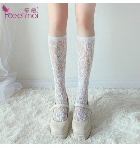 FEE ET MOI Floral Lace JK Knee High Socks (White)